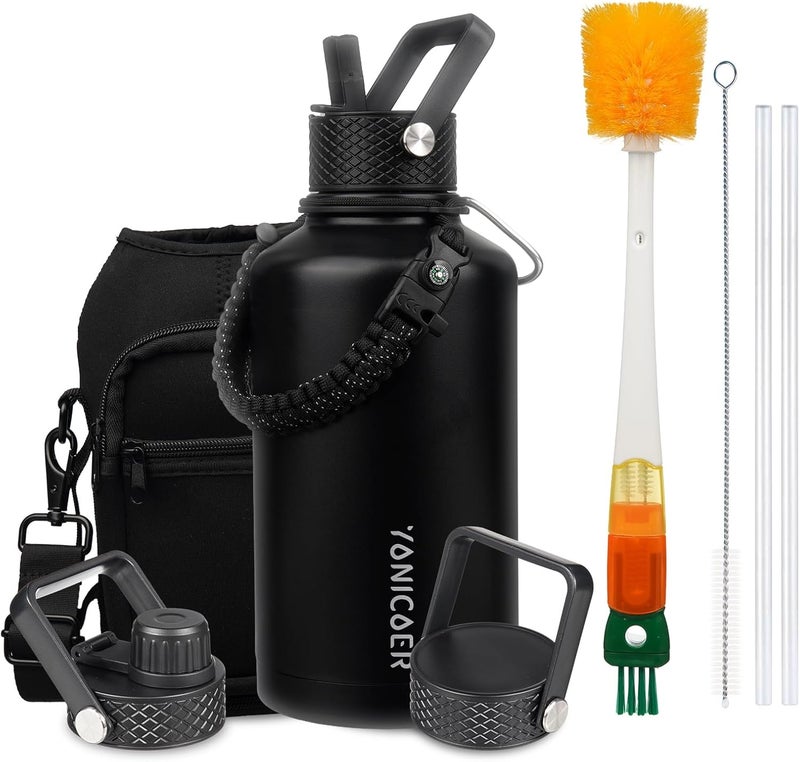YONICOER Insulated Water Bottle 64oz,Triple Wall Vacuum Stainless Steel(Dishwasher Safe),Leak Proof & Non-BPA,Flask Jug with Paracord Handle & Straw Spout Lids Sports Black - Image 1